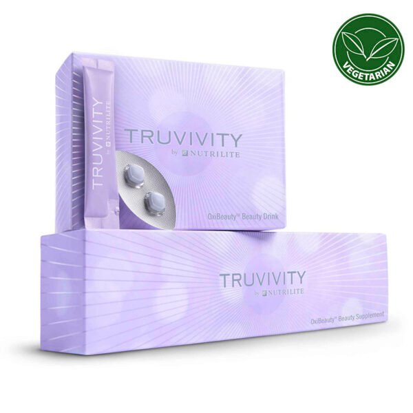 TRUVIVITY™ OxiBeauty™ es una combinación de bebida y comprimidos con nutrientes para una piel de aspecto radiante. Aporta cobre y vitamina E para una protección contra el estrés oxidativo que dura todo el día